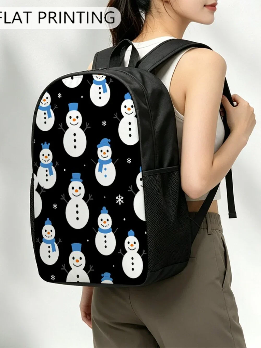 Snowman Christmas Backpack, Winter Cute Snowflake Print Casual Daypack 17 Inch L
